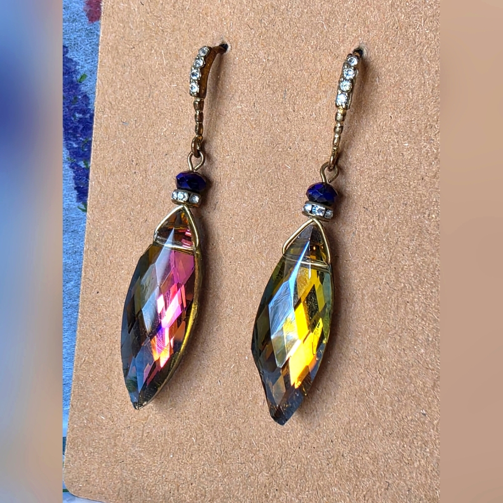 Multicolor Iridescent Drop Earrings with Crystal Accents